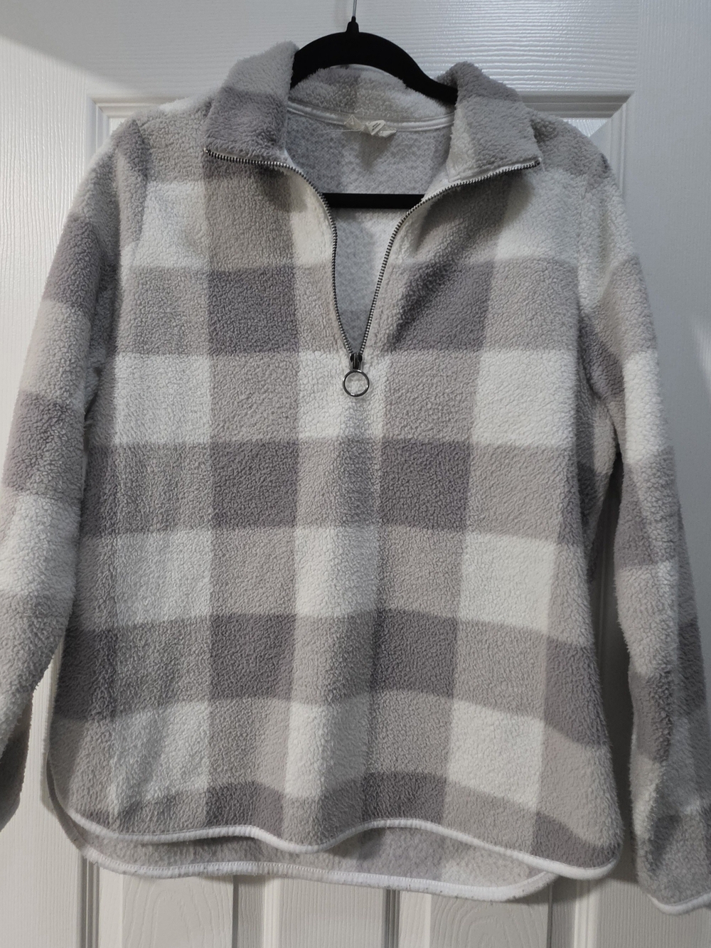 Plaid Sherpa Half-Zip Pullover - Grey/Cream